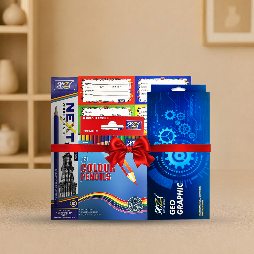 DOZY Premium School & Art Stationery Gift Combo Set – Geometry Box, 12 Color Pencils, HB Pencils & Name Labels