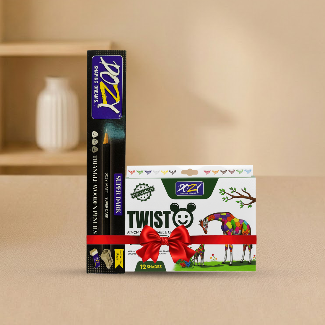 DOZY Twist Erasable Crayons Set (12 Shades) + Super Dark Triangle Wooden Pencils Combo Pack