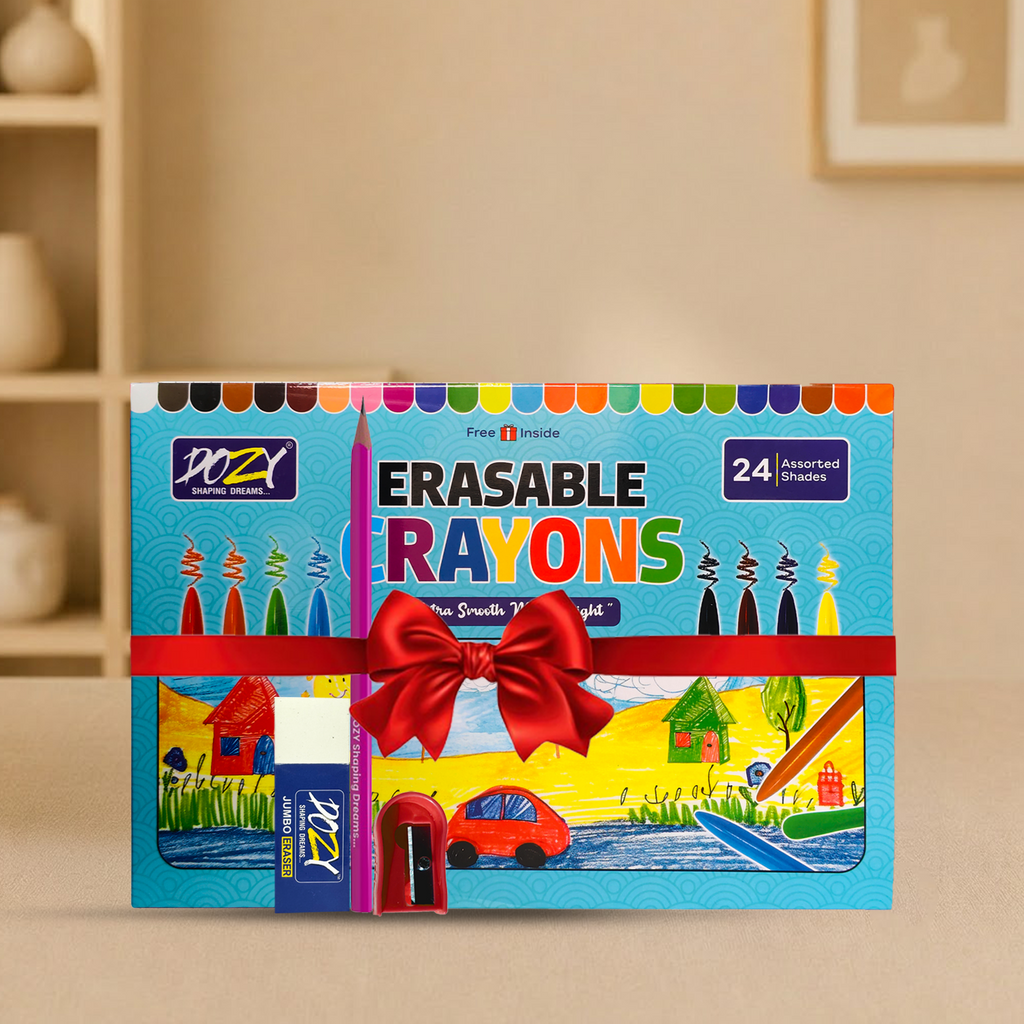 DOZY 24 Assorted Erasable Crayons Set – Non-Toxic, Extra Smooth & Bright Colors with Free Eraser & Sharpener