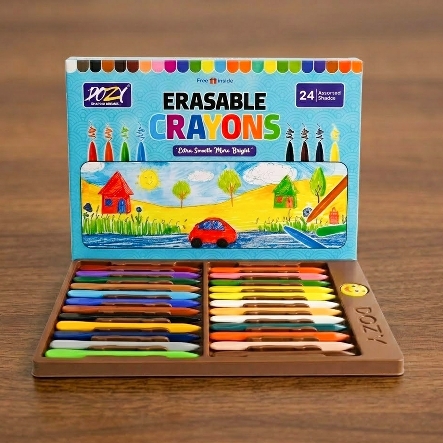 DOZY 24 Assorted Erasable Crayons Set – Non-Toxic, Extra Smooth & Bright Colors with Free Eraser & Sharpener