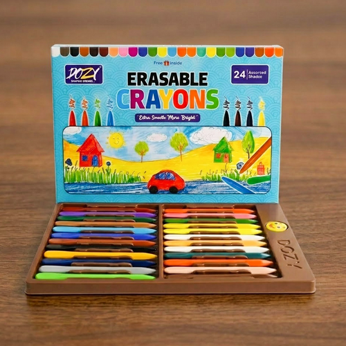 DOZY 24 Assorted Erasable Crayons Set – Non-Toxic, Extra Smooth & Bright Colors with Free Eraser & Sharpener