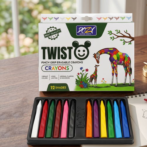 DOZY School Stationery Combo | Twisto Erasable Crayons 12 Shades + Super Dark Matte Black Pencil + Scrap Book