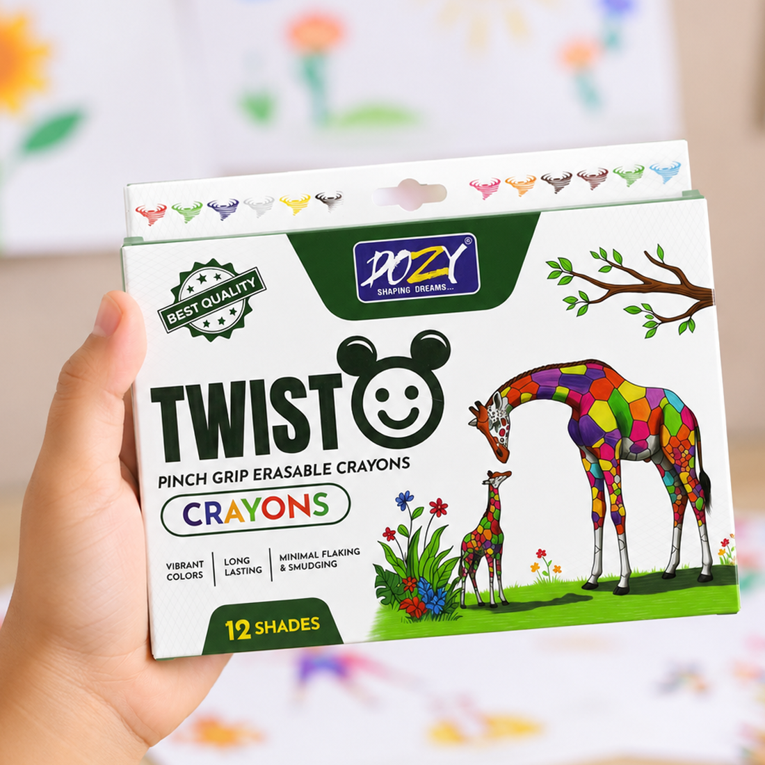 DOZY Twist Erasable Crayons Set (12 Shades) + Super Dark Triangle Wooden Pencils Combo Pack