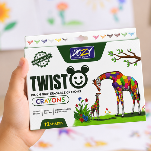 DOZY Twist Erasable Crayons Set (12 Shades) + Super Dark Triangle Wooden Pencils Combo Pack